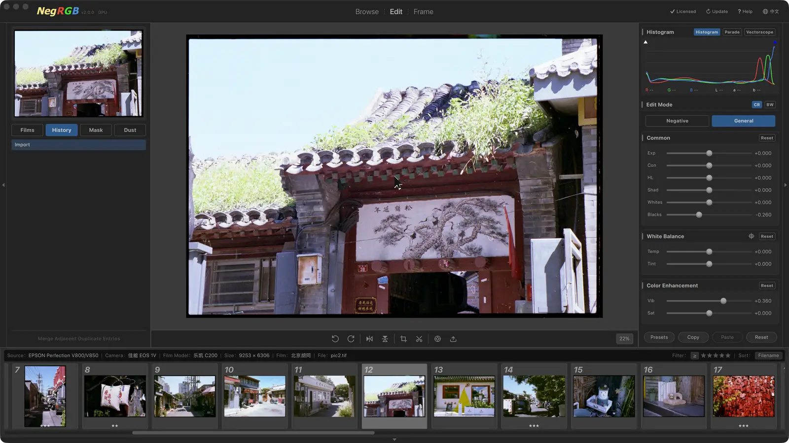 NegRGB General Adjustments — The General panel: essentials, white balance and color enhancement, live and non-destructive