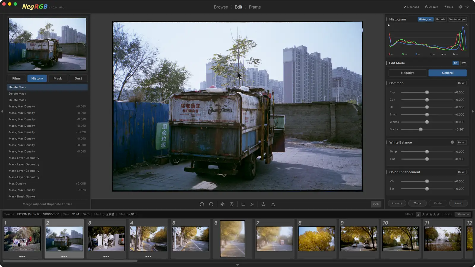 NegRGB Masks & Local Adjustments — Mask editing: a radial gradient's coverage shown as a live red overlay