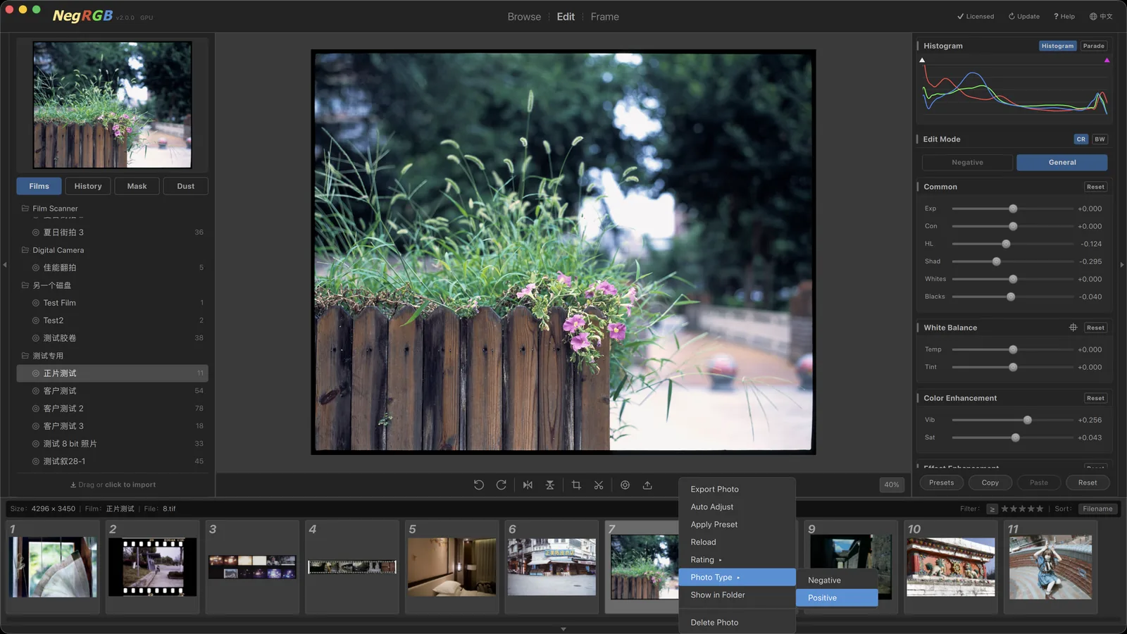 NegRGB Positive Film — Photo type in the thumbnail context menu: negative or positive, batch-switchable